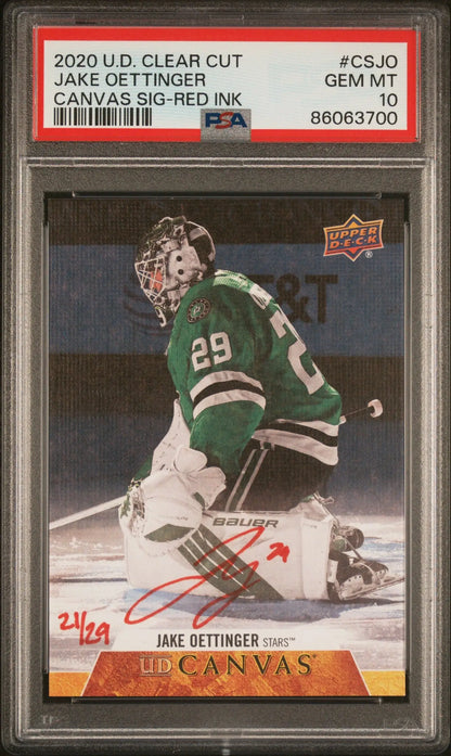 Jake Oettinger 2020 Upper Deck Clear Cut Canvas Auto #21/29 PSA 10 Gem Mint - Singles