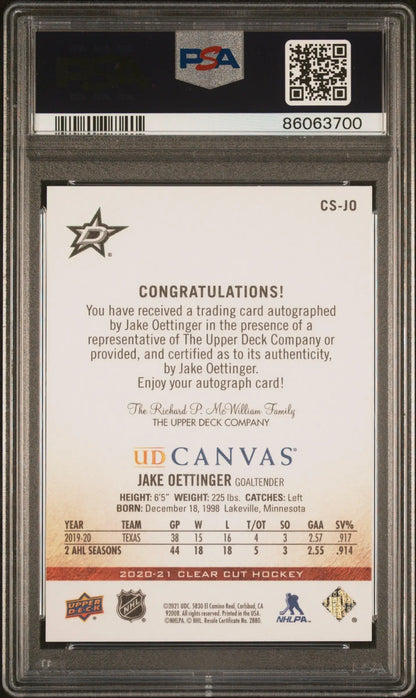 Jake Oettinger 2020 Upper Deck Clear Cut Canvas Auto #21/29 PSA 10 Gem Mint - Singles