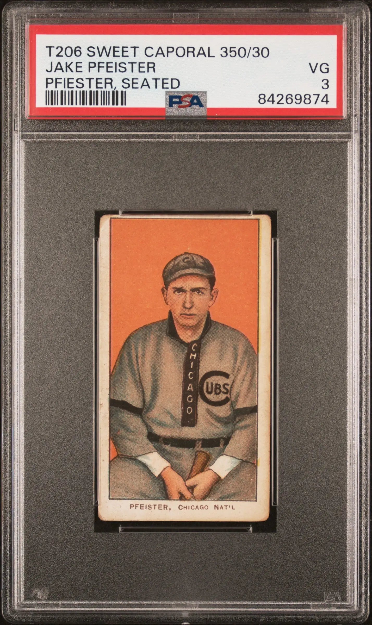 PSA-graded Jake Pfeister Pfiester T206 Sweet Caporal baseball card on orange background