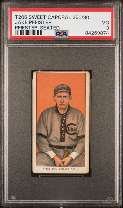 PSA-graded Jake Pfeister Pfiester T206 Sweet Caporal baseball card on orange background