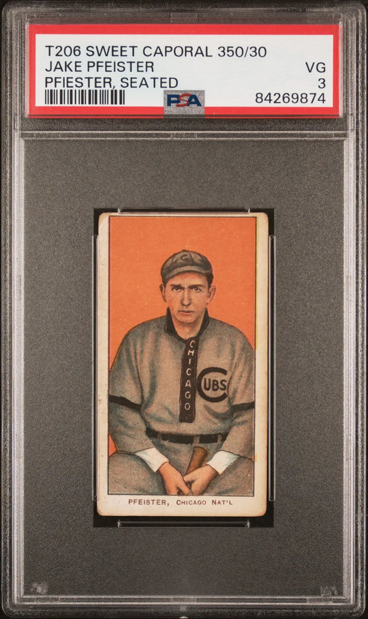 PSA-graded Jake Pfeister Pfiester T206 Sweet Caporal baseball card on orange background