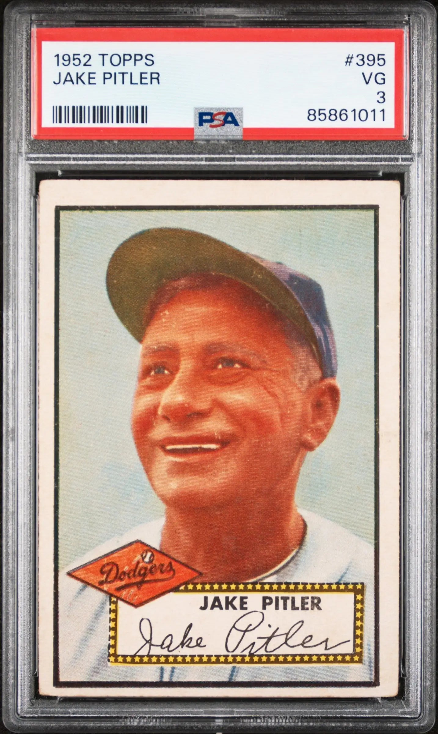Jake Pitler 1952 Topps baseball card PSA 3 in protective case for trading cards collectors