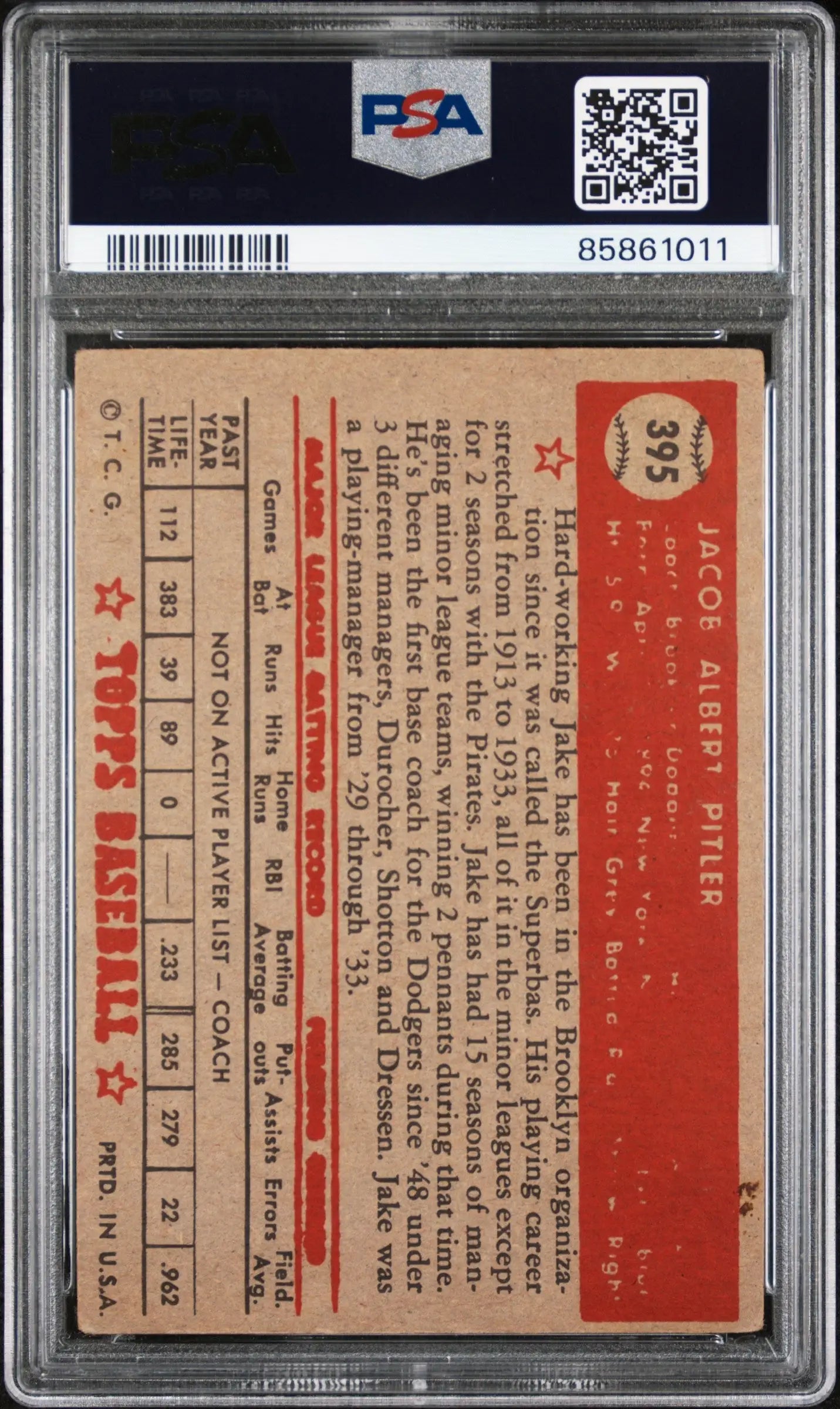 Jake Pitler 1952 Topps #395 baseball card in PSA holder with red and white design