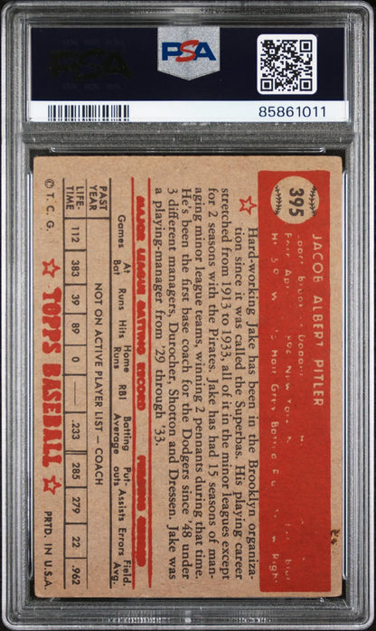 Jake Pitler 1952 Topps #395 baseball card in PSA holder with red and white design