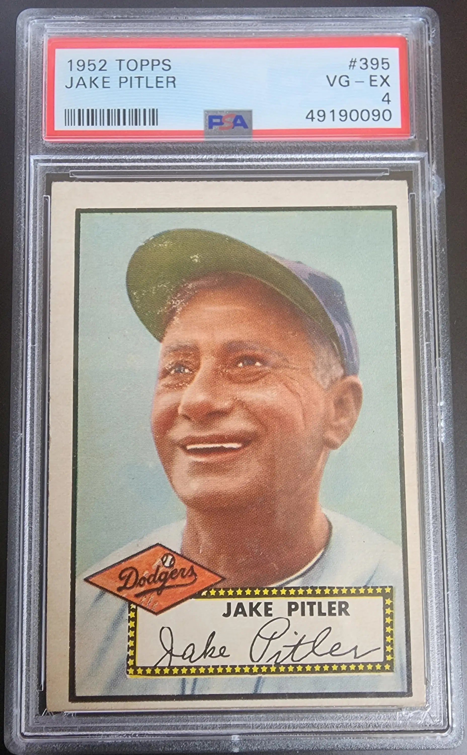 Jake Pitler 1952 Topps #395 PSA 4 trading card in a protective case for collectors