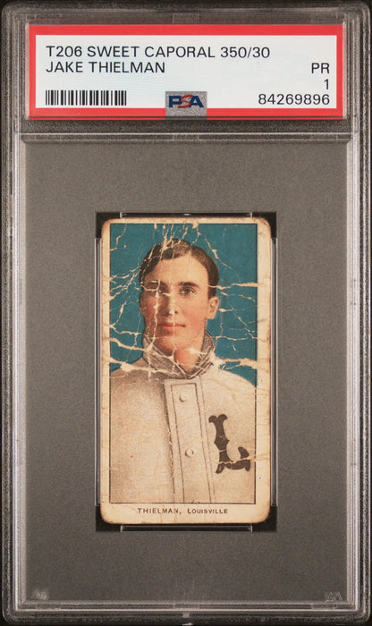 PSA-graded Jake Thielman T206 Sweet Caporal baseball card in protective case