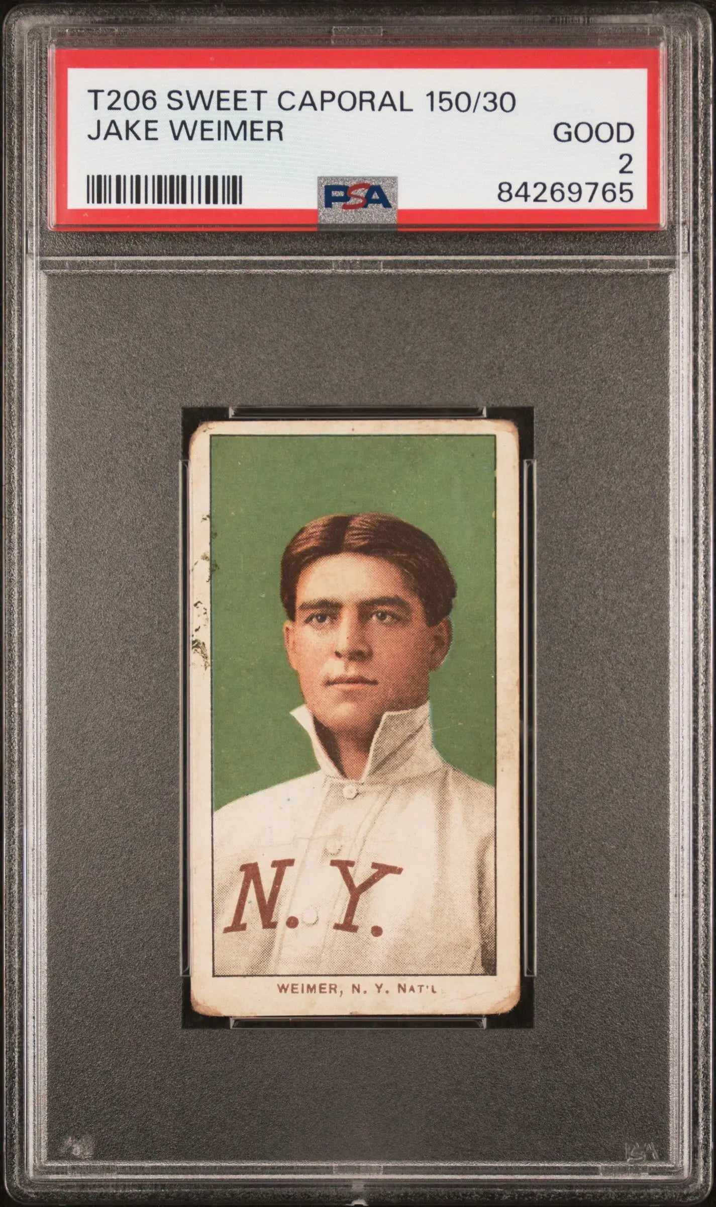 PSA-graded T206 Sweet Caporal Jake Weimer baseball card in white collar uniform