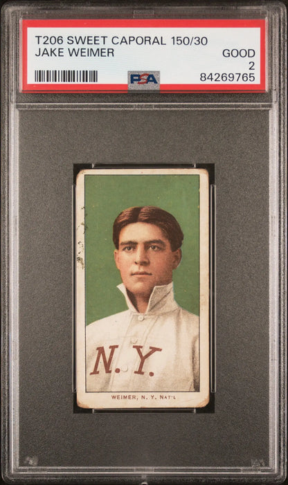 PSA-graded T206 Sweet Caporal Jake Weimer baseball card in white collar uniform