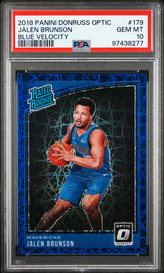 Jalen Brunson 2018 Donruss Optic Blue Velocity PSA 10 basketball card displayed