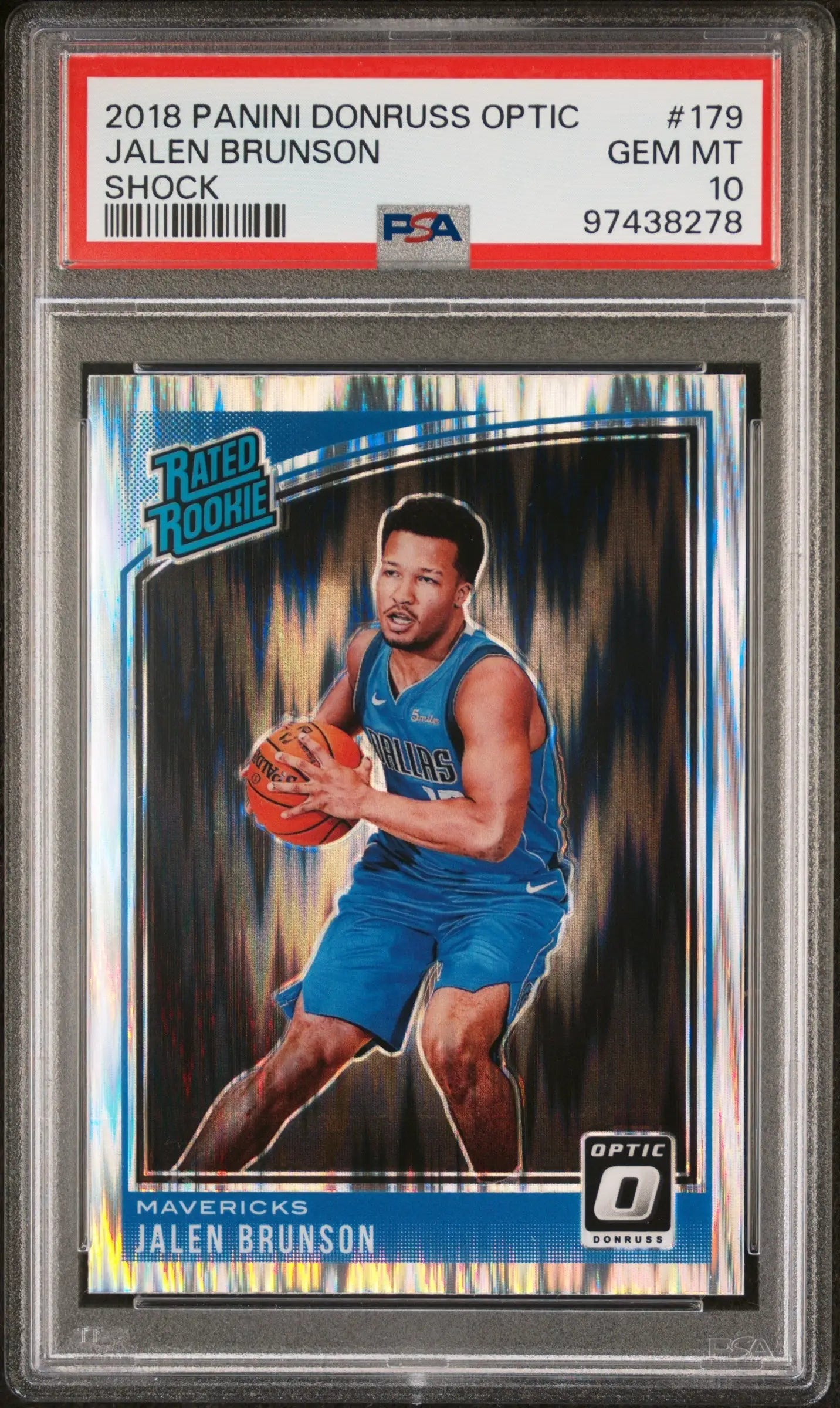 PSA 10 Gem Mint Jalen Brunson 2018 Donruss Optic Shock card in protective case