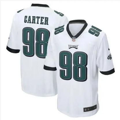 White Philadelphia Eagles Jalen Carter Nike Game Jersey with green numbers and black trim