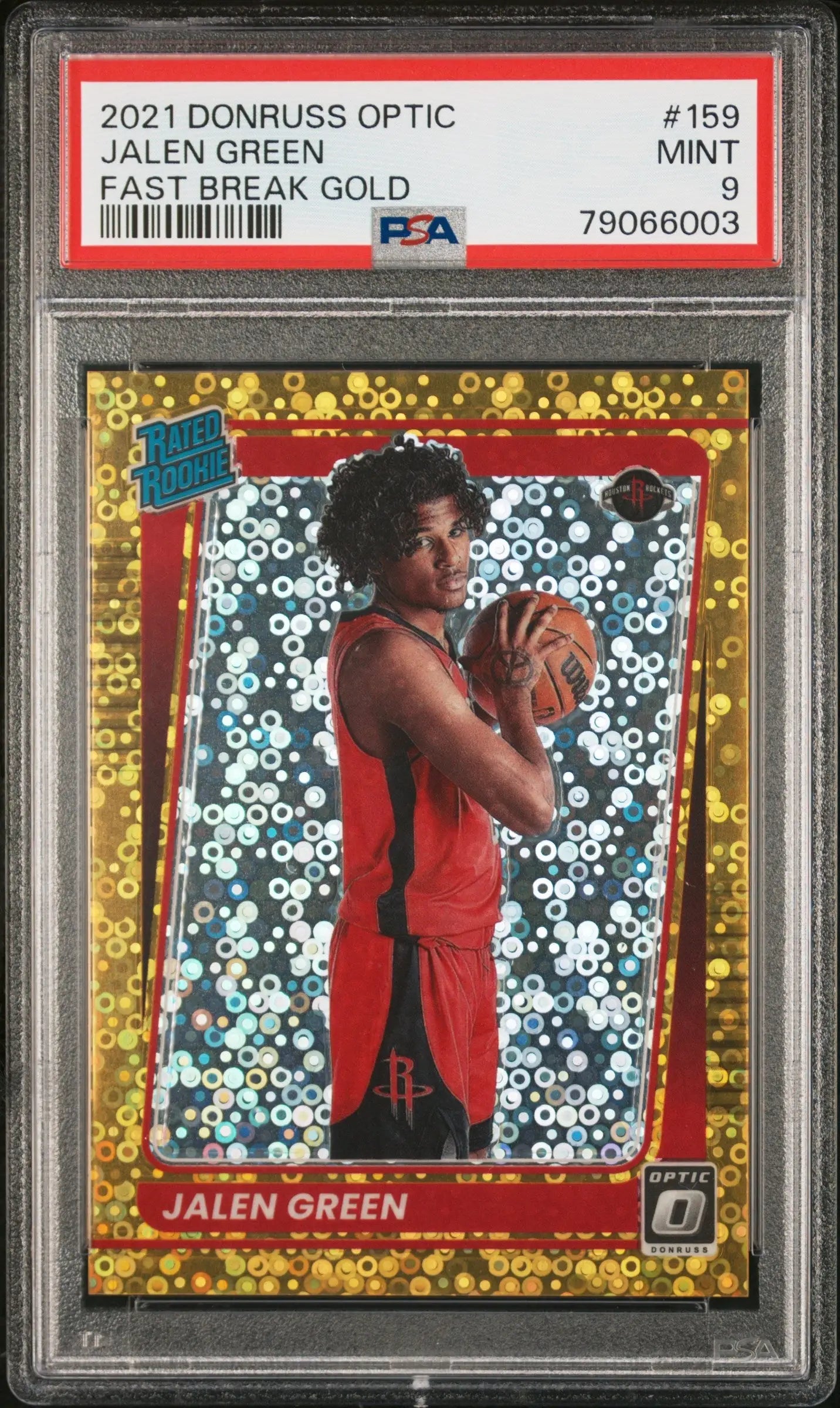 PSA-graded Jalen Green 2021 Donruss Optic Fast Break Gold basketball card with sparkly background