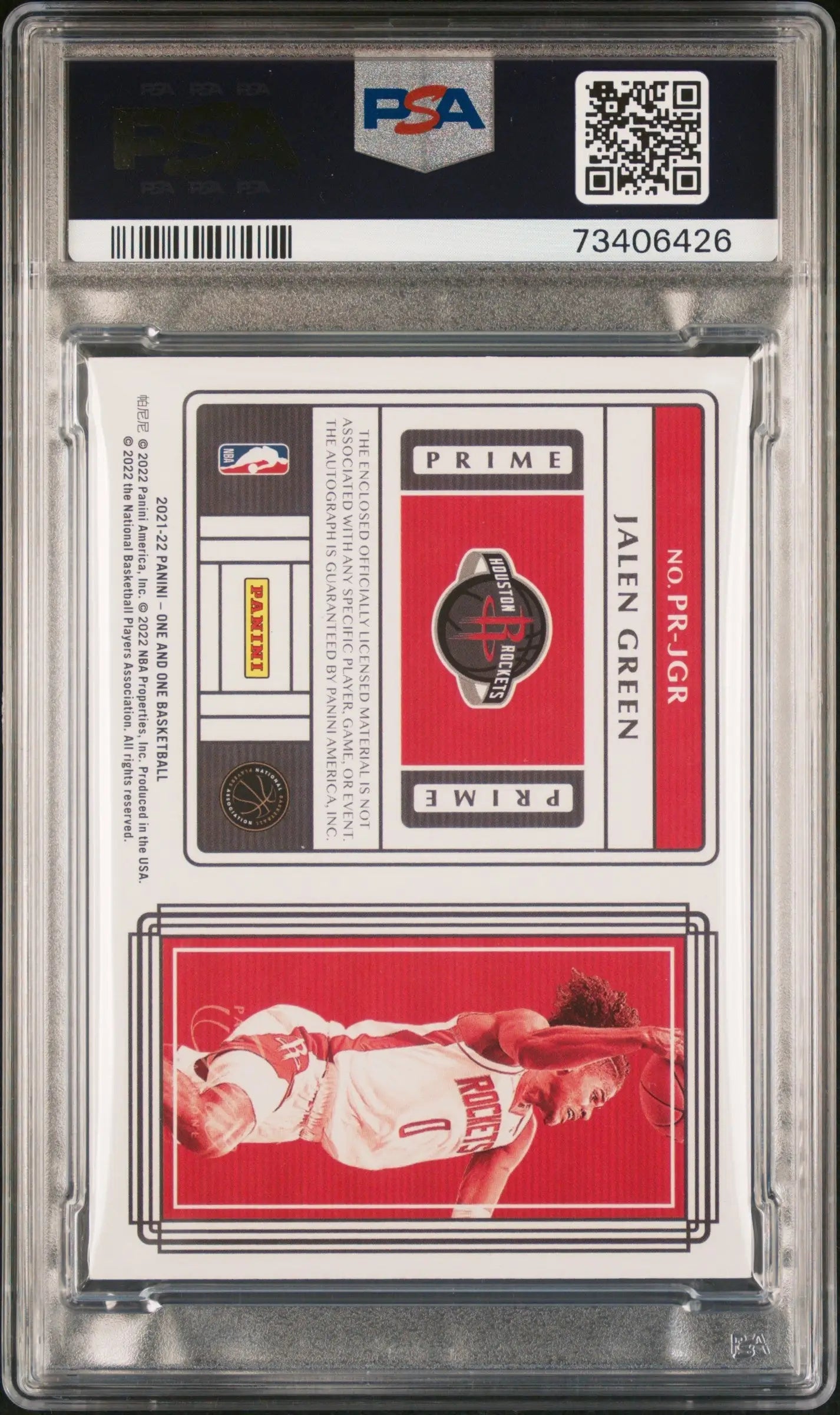 PSA-graded Jalen Green 2021 Panini One and One Prime Rookie Jersey Red #3/25 in case