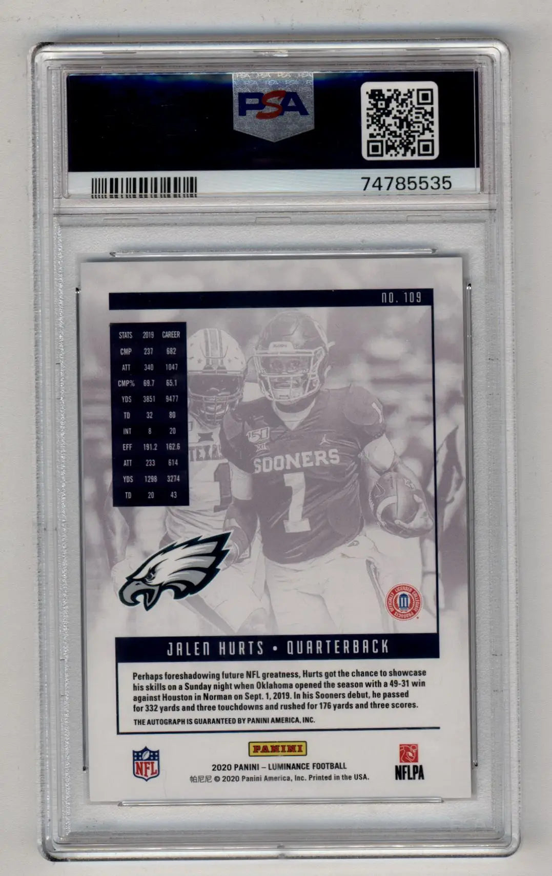 Jalen Hurts 2020 Luminance Auto 078/199 PSA 10 Gem Mint Auto 10 - Singles