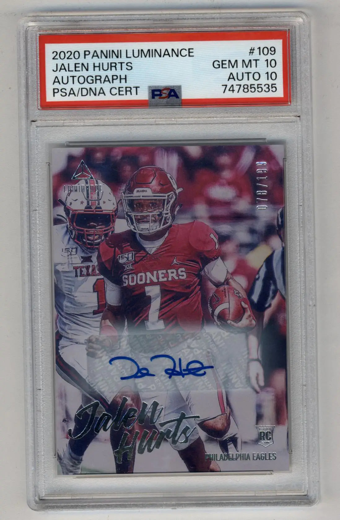 Jalen Hurts 2020 Luminance Auto 078/199 PSA 10 Gem Mint Auto 10 - Singles