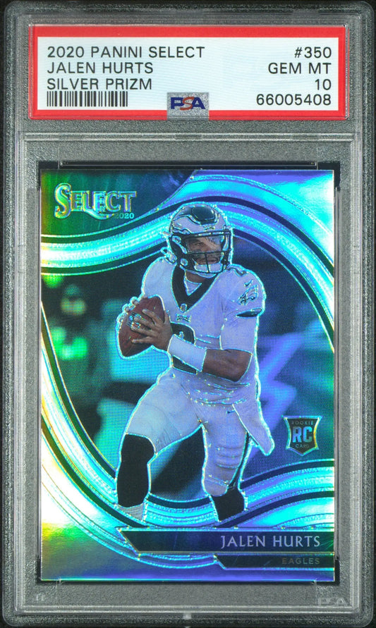 Jalen Hurts 2020 Select Silver Prizm #350 PSA 10 Gem Mint rookie card on teal background