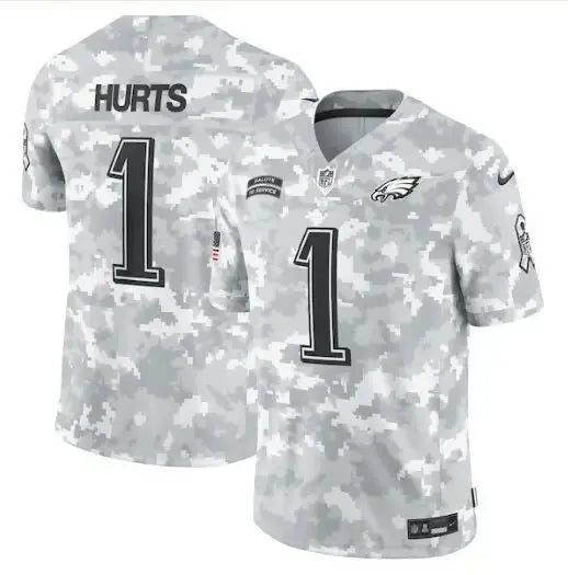 White and gray camouflage Jalen Hurts Eagles Nike 2024 jersey with black numbers