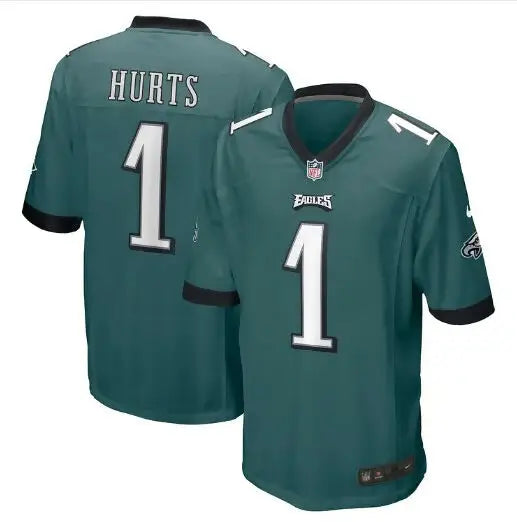 Two green Philadelphia Eagles jerseys with number 1 and HURTS on the back, Nike Alternate Game Player Jersey