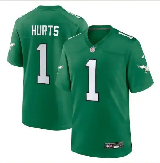 Two green Philadelphia Eagles Nike Alternate Game jerseys with HURTS and number 1