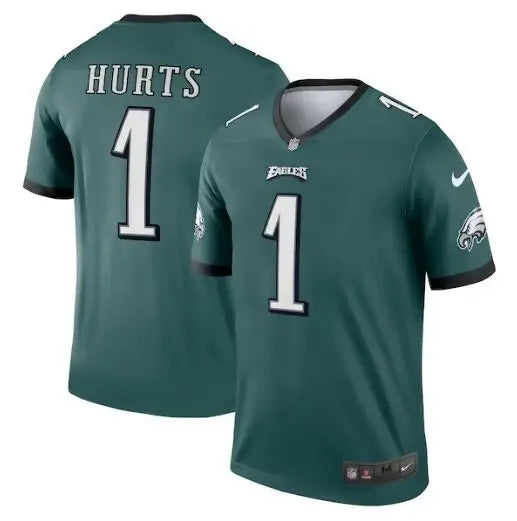 Dark green Jalen Hurts Philadelphia Eagles Nike Legend Jersey with number 1 and HURTS