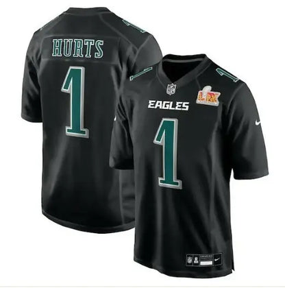 Black Jalen Hurts Philadelphia Eagles Super Bowl LIX football jersey on Nike product page