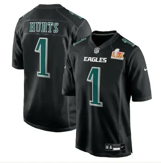 Black Jalen Hurts Philadelphia Eagles Super Bowl LIX football jersey on Nike product page