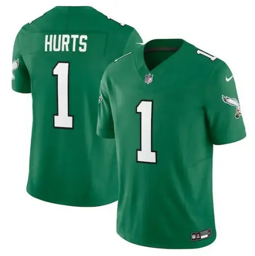 Jalen Hurts Philadelphia Eagles green Nike Vapor F.U.S.E. limited jersey on display