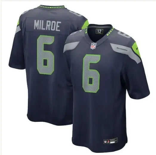 Navy blue Jalen Milroe NFL Draft Game Jersey with lime green MILROE and number 6