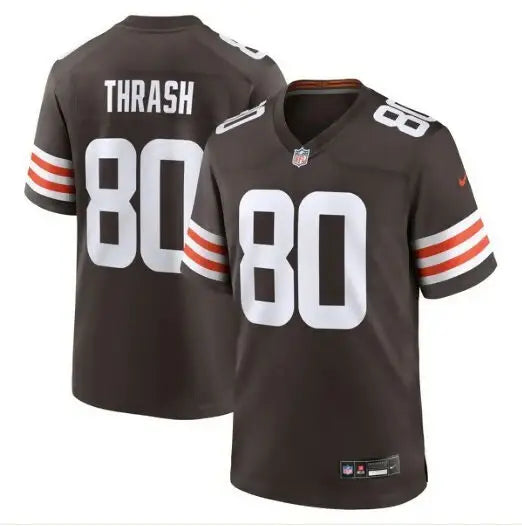 Brown American football jersey with white 80 numerals and orange and white striped sleeves