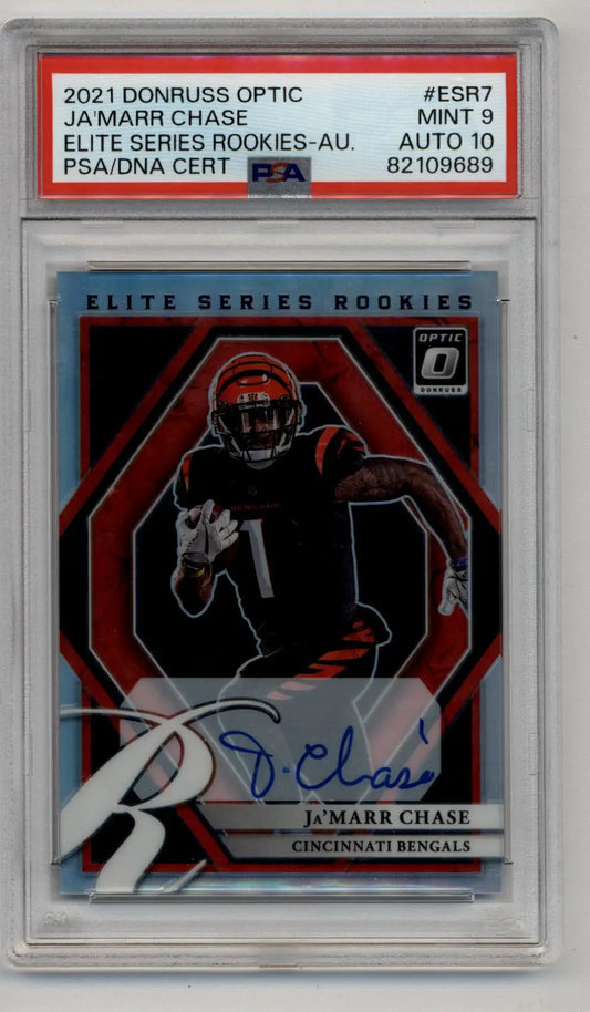 PSA-graded 2021 Donruss Optic Elite Series Rookies autographed Ja’Marr Chase card