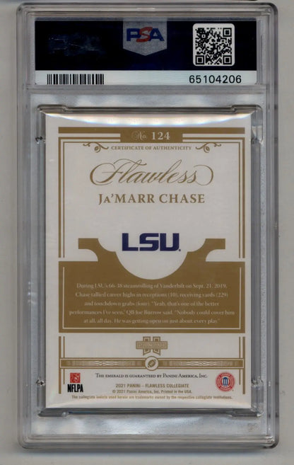 PSA-graded Ja’Marr Chase 2021 Flawless Emerald trading card in protective case
