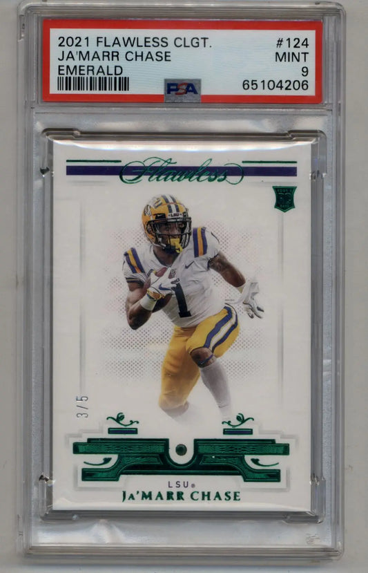 PSA 9 Mint Ja’Marr Chase 2021 Flawless Emerald LSU football card in yellow uniform