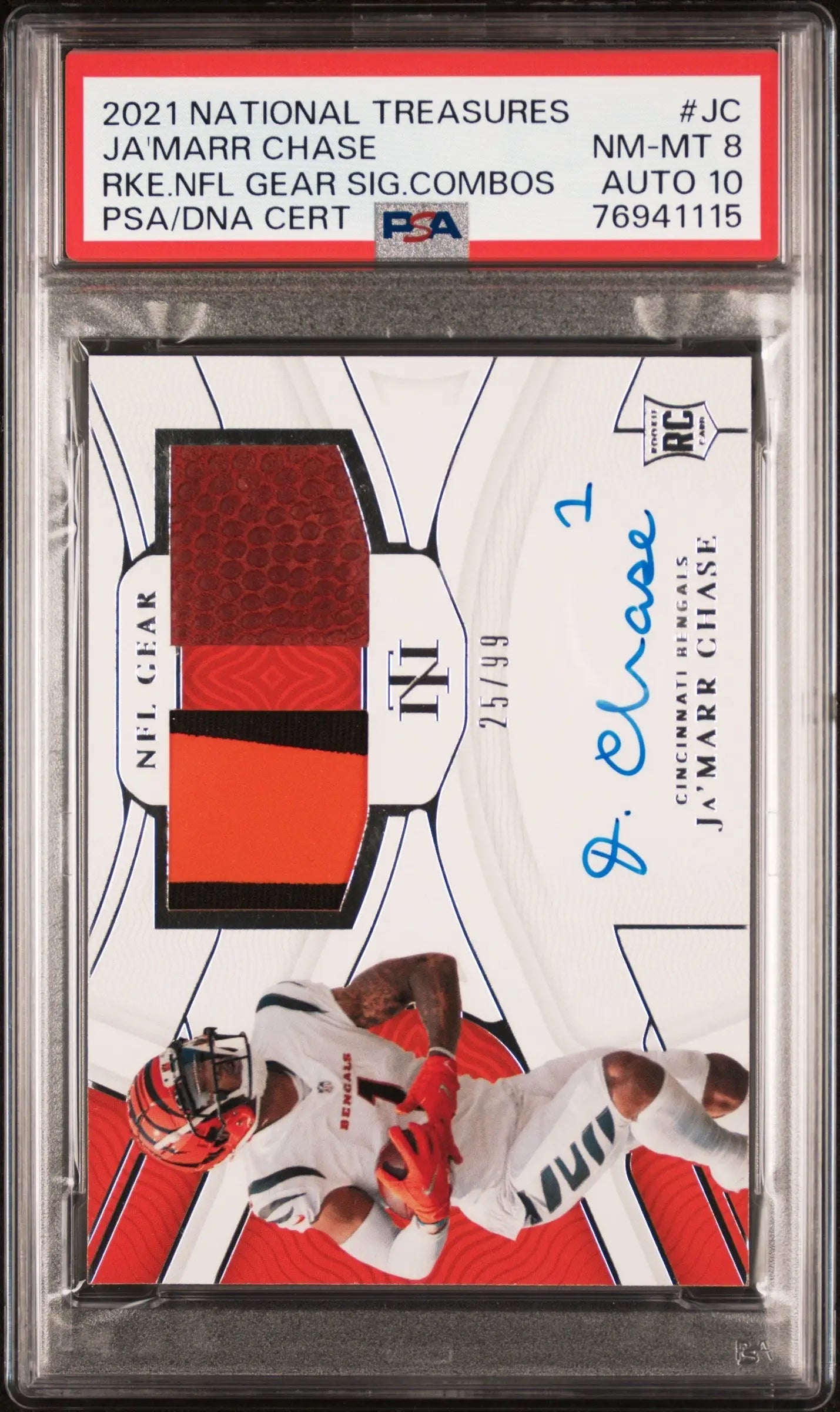 PSA-graded Ja’Marr Chase 2021 Panini National Treasures NFL Gear Combo Auto trading card