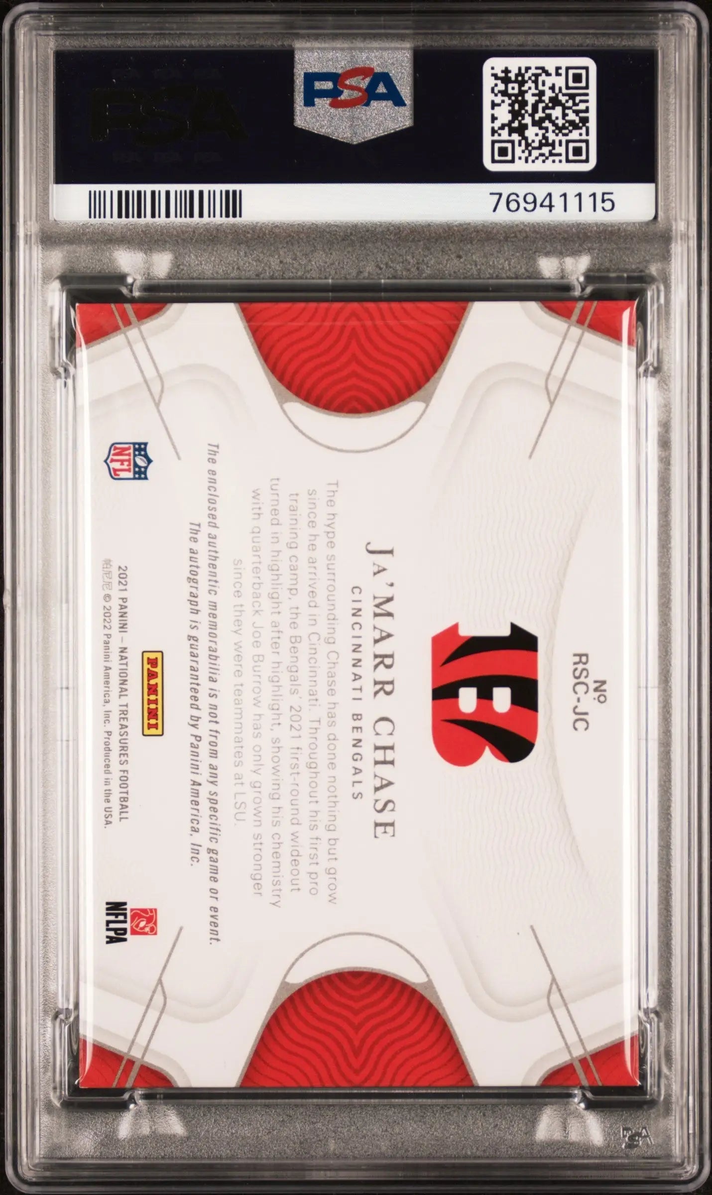 PSA-graded Ja’Marr Chase 2021 Panini National Treasures NFL Gear card in protective case