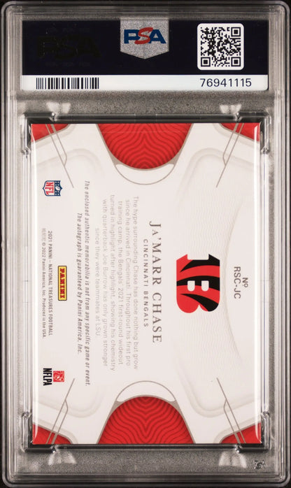 PSA-graded Ja’Marr Chase 2021 Panini National Treasures NFL Gear card in protective case