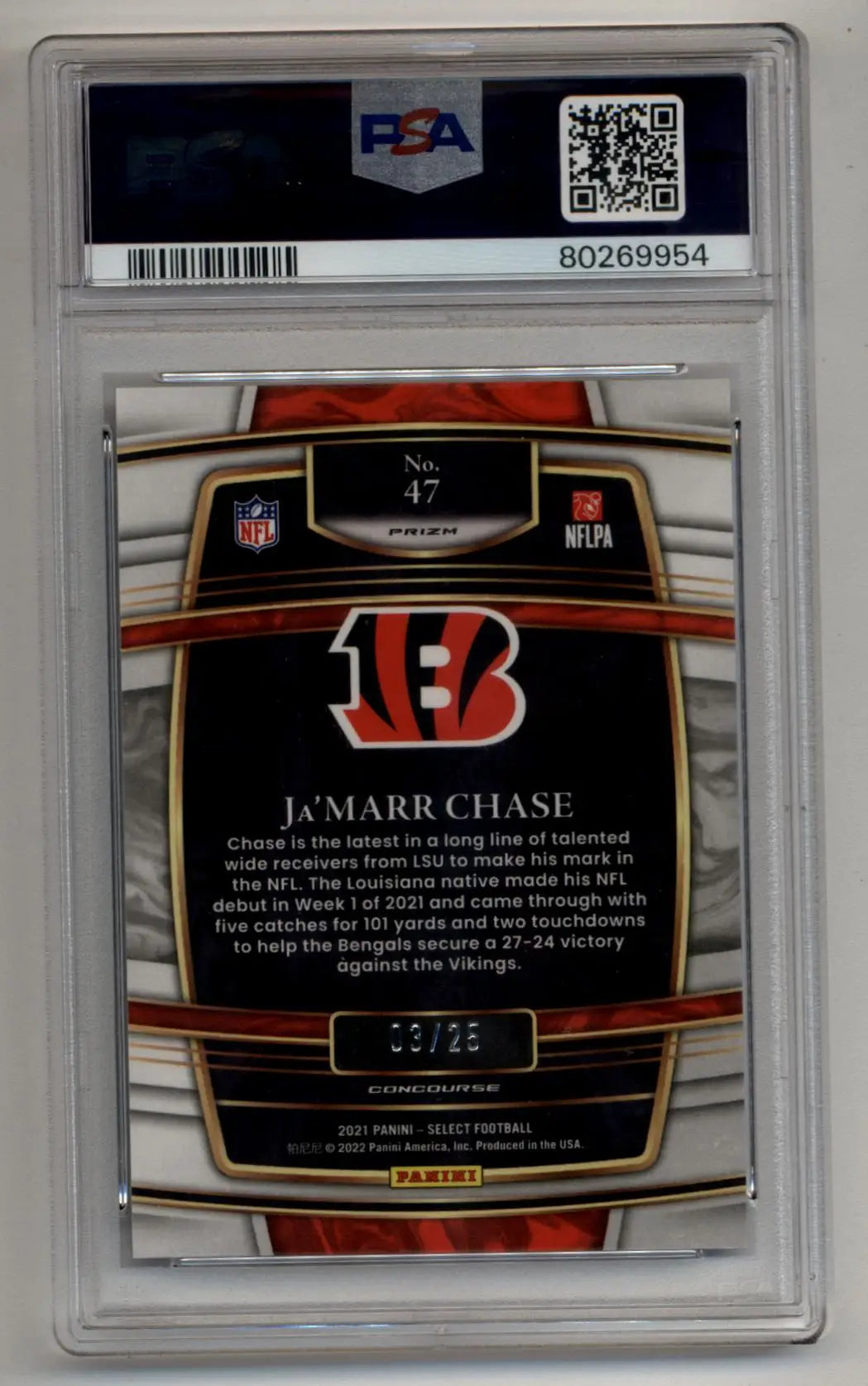PSA-graded Ja’Marr Chase 2021 Select Blue Disco Prizm NFL trading card with Bengals logo