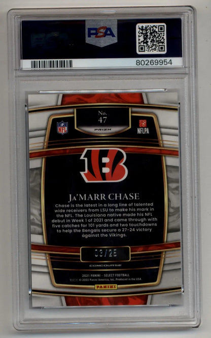 PSA-graded Ja’Marr Chase 2021 Select Blue Disco Prizm NFL trading card with Bengals logo