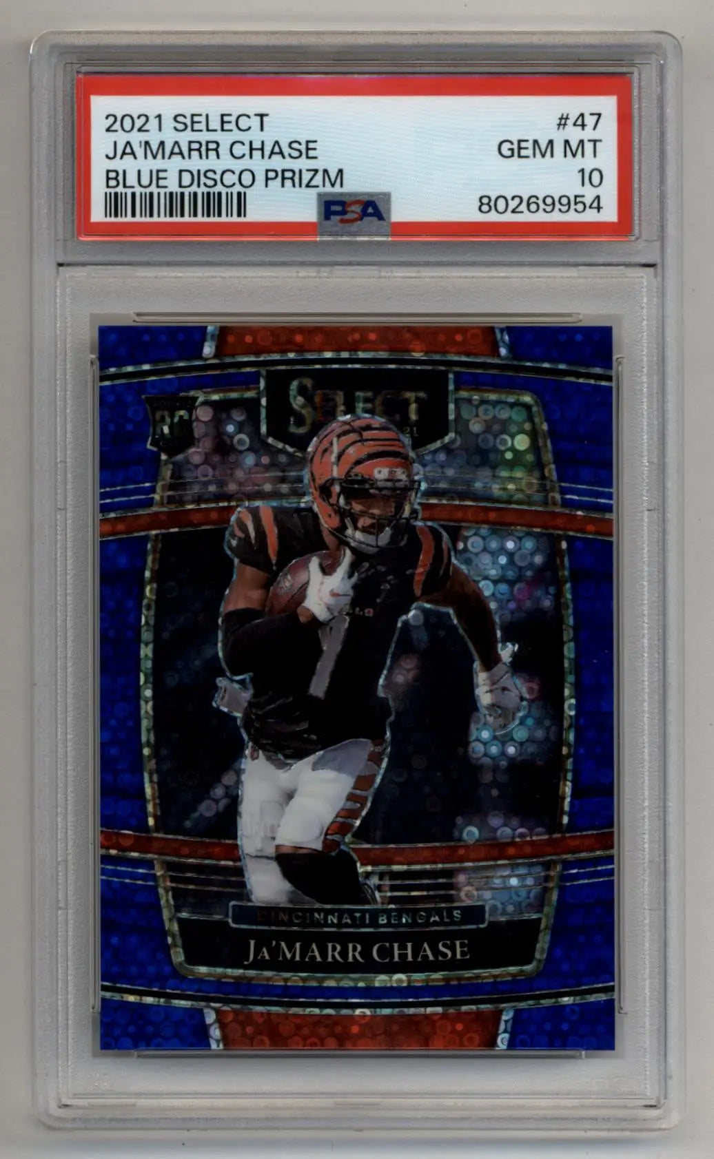 PSA 10 Gem Mint 2021 Select Blue Disco Prizm football card of Ja’Marr Chase in case