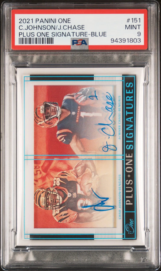 PSA-graded trading card featuring Ja’Marr Chase and Chad Johnson autographs in blue ink