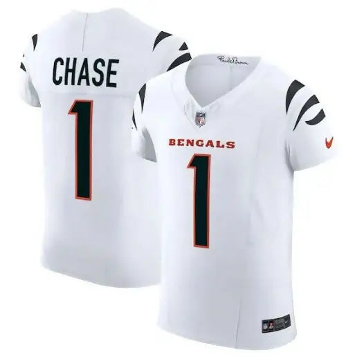 White Bengals Chase jersey displayed in the Ja’Marr Chase Cincinnati Bengals Nike Vapor F.U.S.E. Elite Jersey