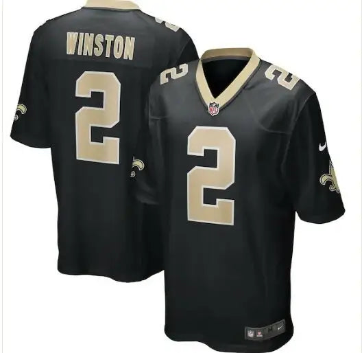 Black and gold New Orleans Saints Nike Game Jersey with Jameis Winston #2 front view