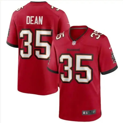 Red Jamel Dean Tampa Bay Buccaneers Nike Game Jersey with DEAN 35 in white and black trim