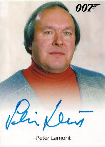 Headshot of Peter Lamont, production designer, on James Bond Archives autograph card
