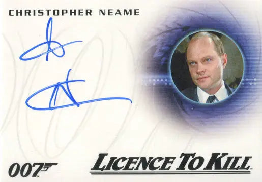 Autographed trading card of Christopher Neame as Fallon from Licence to Kill movie