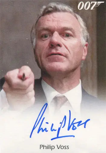 Close-up portrait of Philip Voss in a white shirt on a James Bond Autograph Card