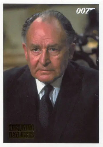Serious older man in a suit with 007 logo on James Bond Archives Gold Foil Parallel Card