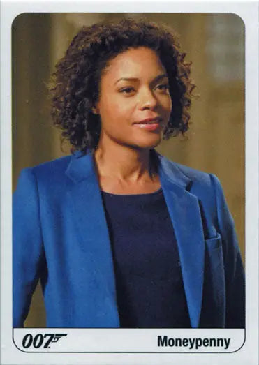 Woman in blue blazer showcasing James Bond trading cards from Moneypenny collection