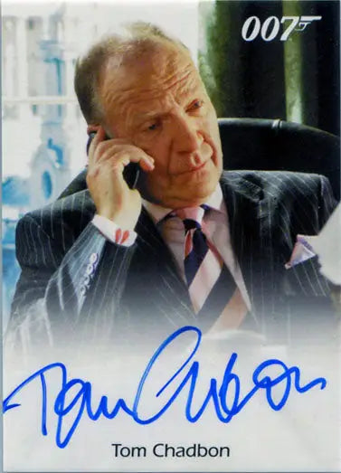 Autographed photo card of Tom Chadbon in suit, featured in James Bond trading cards