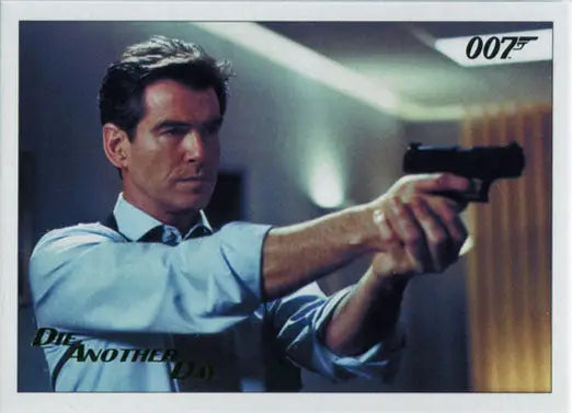 Man in dress shirt aiming handgun on James Bond gold foil trading card