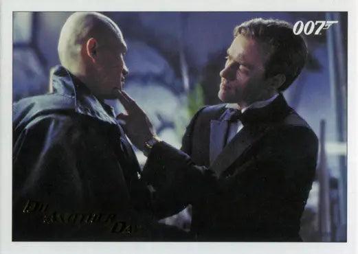 Two men in suits confront each other in James Bond Archives gold foil trading card